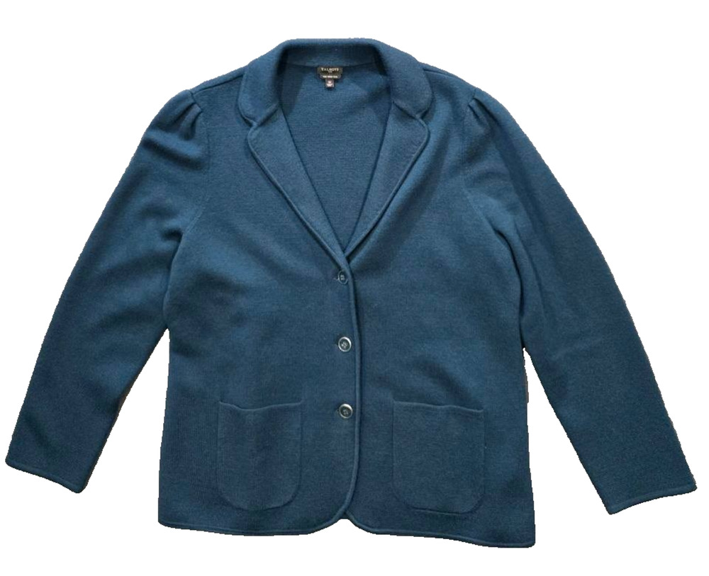 Talbots Size 1X Blue Pure 100% Merino Wool Blazer Jacket Pockets Soft A010517